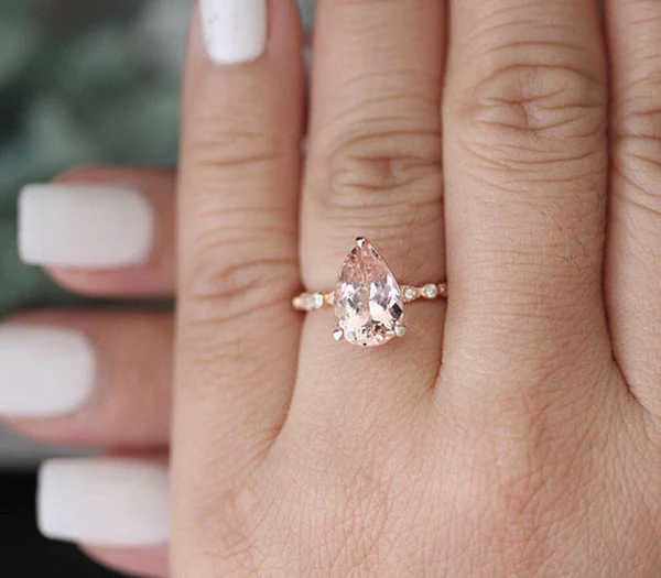Engagement Ring, Morganite Pear Diamond Ring, Diamond Milgrain Band, Wedding Ring, 14k Rose Gold Morganite Ring, Handmade Ring