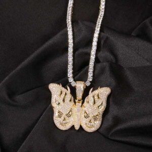 Round White VVS Diamond BUTTERFLY SKULL Hip Hop Pendant, Sterling Silver Iced Out Birthday Gift Pendant, Charm Diamond Hip Hop Pendant