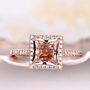 Princess Cut Morganite Engagement Ring Rose Gold Natural Diamond Halo Ring Diamond Band 14K Promise Ring Anniversary Ring
