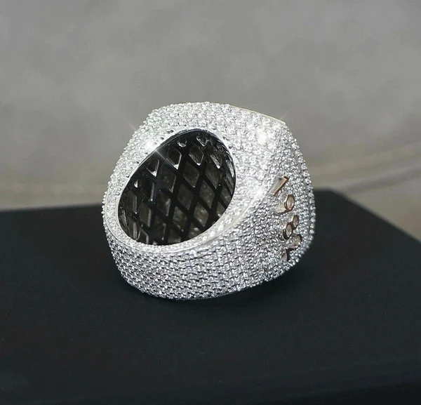 925 Sterling Silver Round Moissanite Diamond Champion Men Ring, Fully Iced Gold Plated Men Pinky Ring, Round Moissanite Diamond Hip Hop Ring For Him