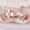 7mm Round Cut Morganite Engagement Ring Set Rose Gold Twist Diamond Wedding Band Full Eternity Natural Morganite Diamond Bridal Set