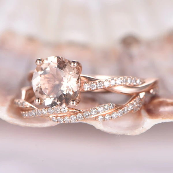7mm Round Cut Morganite Engagement Ring Set Rose Gold Twist Diamond Wedding Band Full Eternity Natural Morganite Diamond Bridal Set