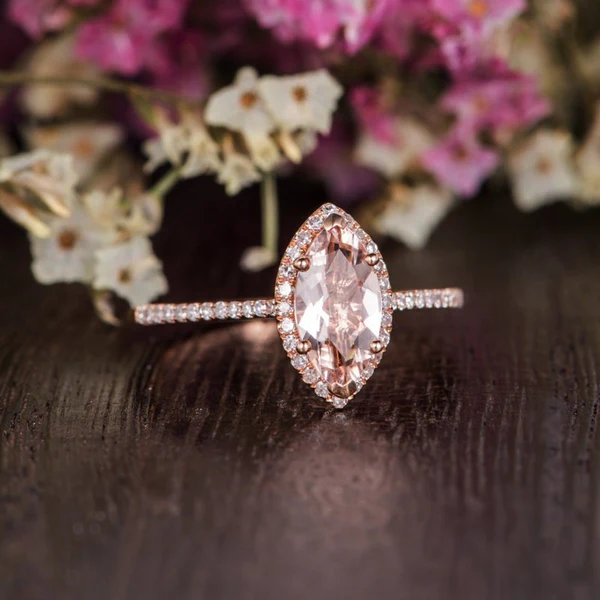 Marquise Morganite Engagement Ring Rose Gold Unique Wedding Ring Antique Natural Diamond Halo Women Anniversary Promise Gift for her Bridal