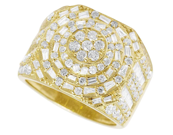 925 Sterling Silver Baguette Moissanite Diamond Men Ring, Fully Iced Gold Plated Men Pinky Ring, Round Moissanite Diamond Hip Hop Ring For Him