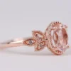 Pink-peach Oval Morganite Ring, Vintage Leaf Design Engagement Ring, white diamond solid rose gold ring