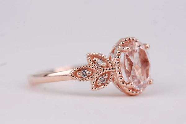 Pink-peach Oval Morganite Ring, Vintage Leaf Design Engagement Ring, white diamond solid rose gold ring