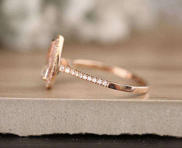 2 Carat Morganite Pear 10x7mm Engagement Ring, Low Cost 10k Solid Gold and Diamond Halo Ring, Pink Morganite Pear Rose Gold and Diamond Ring