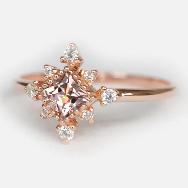 Natural Morganite & Diamond, Morganite Diamond Ring, 14k Morganite Ring, Princess Morganite Ring, Morganite Cluster Ring,Pink Morganite Ring