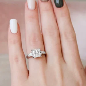 Princess & Baguette 3 Stone Moissanite Solitaire Diamond Engagement Ring, Sterling Silver Moissanite Diamond Wedding Ring For Bridal, 10K/14K Gold Anniversary Diamond Ring For Gift