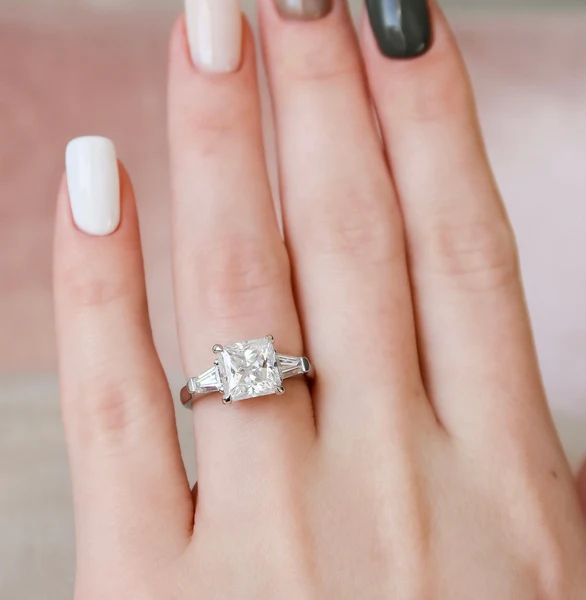 Princess & Baguette 3 Stone Moissanite Solitaire Diamond Engagement Ring, Sterling Silver Moissanite Diamond Wedding Ring For Bridal, 10K/14K Gold Anniversary Diamond Ring For Gift