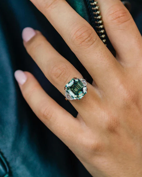 Dark Green Moissanite Diamond Ring 14K Two Ton Diamond Ring Fancy Colour Diamond Ring Vintage Wedding Ring Asscher Cut Diamond Ring