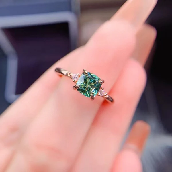 Dainty & Gorgeous Green Cushion Moissanite Ring Leafs band ring 2ct D Color VVS , Sterling Silver Women Ring, Anniversary gift, Women's Ring