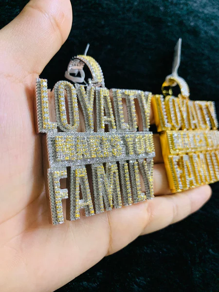 Gold Finish Loyalty Makes You Family Hip Hop Charm Pendant, Sterling Silver Iced Out VVS Diamond Pendant, Charm Diamond Hip Hop Pendant
