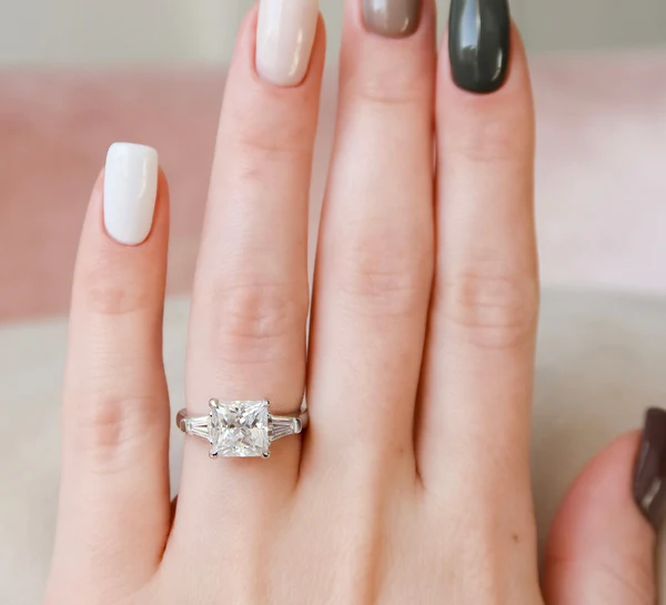 Princess & Baguette 3 Stone Moissanite Solitaire Diamond Engagement Ring, Sterling Silver Moissanite Diamond Wedding Ring For Bridal, 10K/14K Gold Anniversary Diamond Ring For Gift