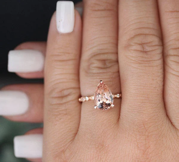 Engagement Ring, Morganite Pear Diamond Ring, Diamond Milgrain Band, Wedding Ring, 14k Rose Gold Morganite Ring, Handmade Ring