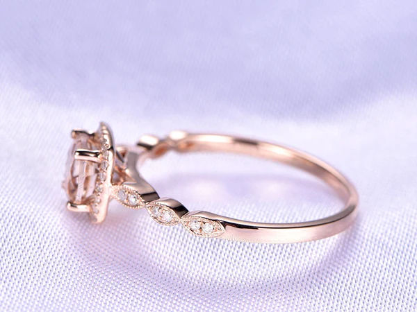 Natural Morganite Engagement Ring 14K Rose Gold 7mm Round Cut Morganite Jewelry Diamond Cushion Art Deco Wedding Band Morganite Birthstone