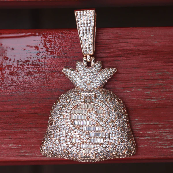 Round & Baguette White VVS Diamond Money Bag Hip Hop Pendant, Sterling Silver Iced Out Birthday Gift Pendant, VVS Diamond Hip Hop Charm Pendant