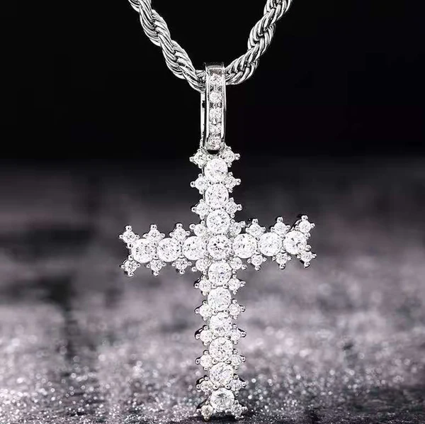 Round White VVS Diamond CROSS Hip Hop Pendant, Sterling Silver Iced Out Birthday Gift Pendant, Charm Diamond Hip Hop Pendant