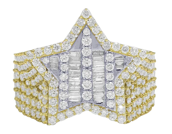 925 Sterling Silver Moissanite Diamond STAR Men Ring, Fully Iced Gold Plated Men Pinky Ring, Round Moissanite Diamond Hip Hop Ring For Him