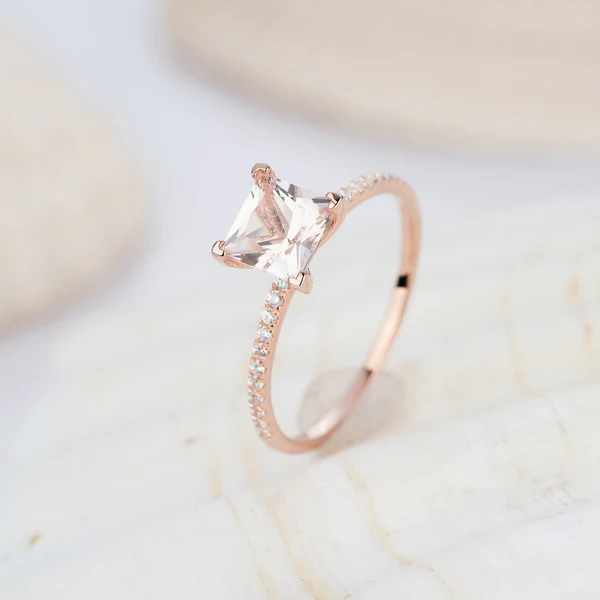 Natural Pink Morganite and Diamond Engagement Ring, 2 Carat Rose Gold Princess Cut Wedding Ring, Anniversary Promise Ring Gifts