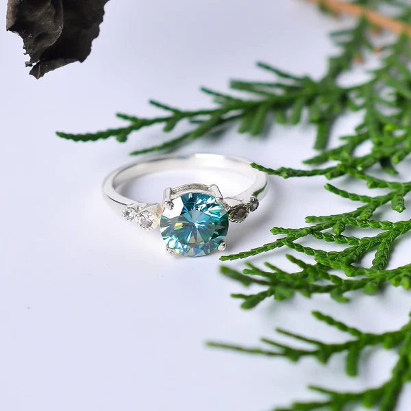 Moissanite Ring For Women, 925 Sterling Silver Round VVS Solitaire Ring, Green Blue Gem Wedding Ring, Engagement Ring Bridal Ring, Promise Ring