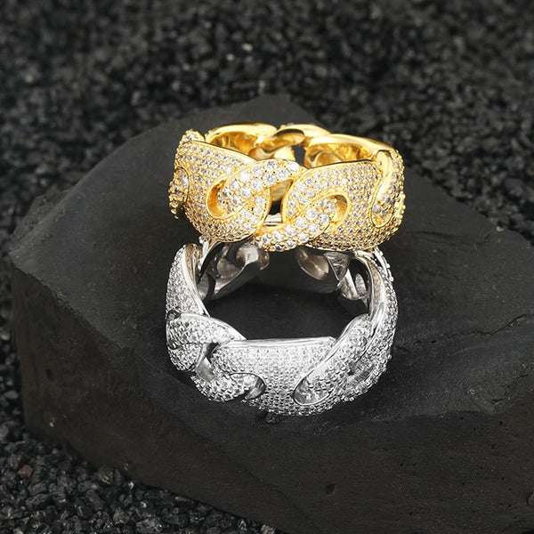 925 Sterling Silver Round Moissanite Diamond Cuban Men Ring, Fully Iced Gold Plated Men Pinky Ring, Round Moissanite Diamond Hip Hop Ring For Him