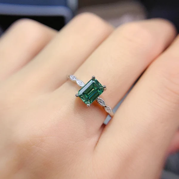 Dainty & Gorgeous Rectangle Emerald Cut Green Moissanite Ring 2ct D Color VVS , Sterling Silver Ring, Women's Ring Promise ring