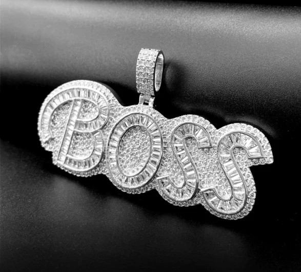 Customized BOSS Letter Round & Baguette VVS Diamond Hip Hop Pendant, Sterling Silver Iced Out Birthday Gift Pendant, Charm VVS Diamond Hip Hop Pendant