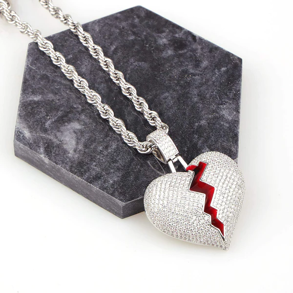 Customized Broken Heart Round VVS Diamond Hip Hop Pendant, Sterling Silver Iced Out Birthday Gift Pendant, Charm Diamond Hip Hop Pendant