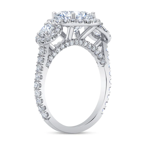 3 Stone Round Moissanite Halo Diamond Engagement Ring, Sterling Silver Moissanite Diamond Wedding Ring For Bridal, 10K/14K Gold Anniversary Diamond Ring For Gift