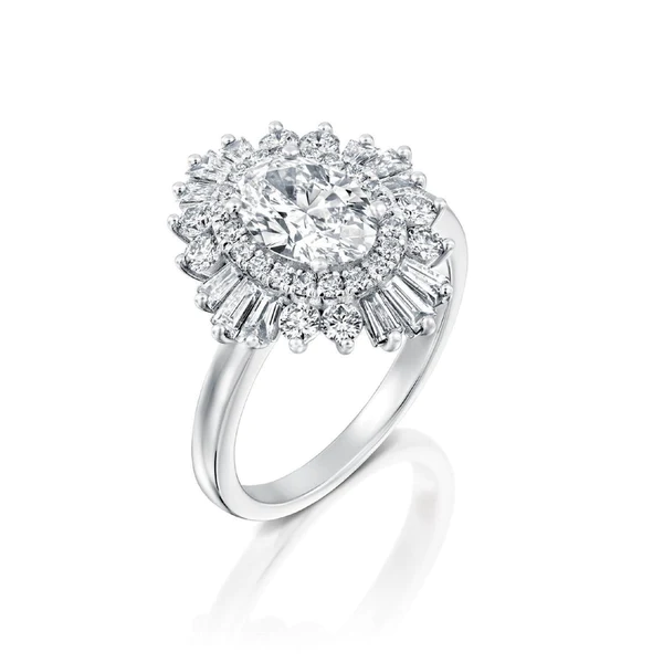 Oval & Baguette Moissanite Halo Diamond Engagement Ring, Sterling Silver Moissanite Diamond Wedding Ring For Bridal, 10K/14K Gold Anniversary Diamond Ring For Gift