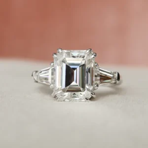 Emerald & Baguette Moissanite 3 Stone Solitaire Diamond Engagement Ring, Sterling Silver Moissanite Diamond Wedding Ring For Bridal, 10K/14K Gold Anniversary Diamond Ring For Gift