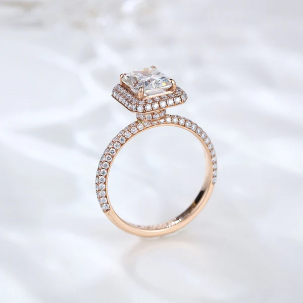 Emerald Cut Moissanite Halo Diamond Engagement Ring, Sterling Silver Moissanite Diamond Wedding Ring For Bridal, 10K/14K Gold Anniversary Diamond Ring For Gift