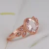 Pink-peach Oval Morganite Ring, Vintage Leaf Design Engagement Ring, white diamond solid rose gold ring