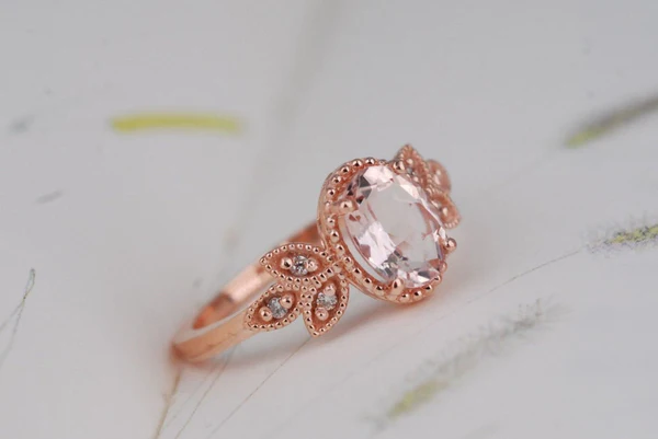 Pink-peach Oval Morganite Ring, Vintage Leaf Design Engagement Ring, white diamond solid rose gold ring