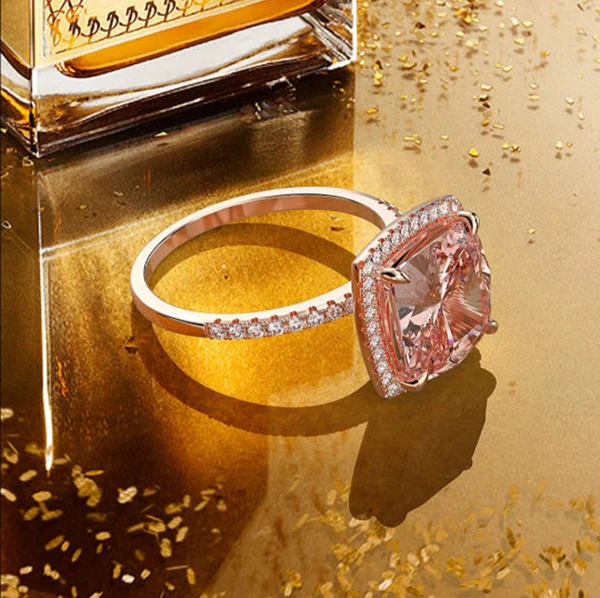 Cushion Cut Morganite Diamond Ring 14K Rose Gold Finish Halo Style Anniversary Ring For Women Christmas Gift Engagement Ring For Her