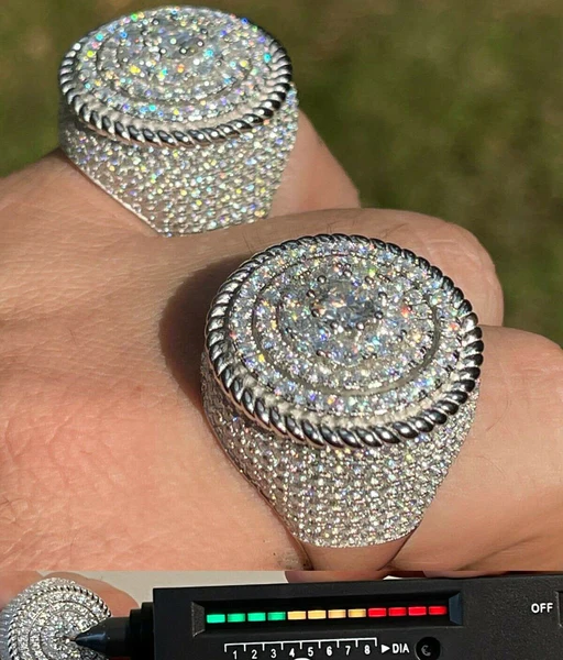 925 Sterling Silver Round Moissanite Diamond HUGE Men Ring, Fully Iced Gold Plated Moissanite Round Hip Hop Rapper Pinky Ring, Round Moissanite Diamond Hip Hop Ring For Him