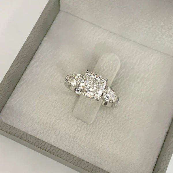 Cushion & Pear 3 Stone Moissanite Solitaire Diamond Engagement Ring, Sterling Silver Moissanite Diamond Wedding Ring For Bridal, 10K/14K Gold Anniversary Diamond Ring For Gift