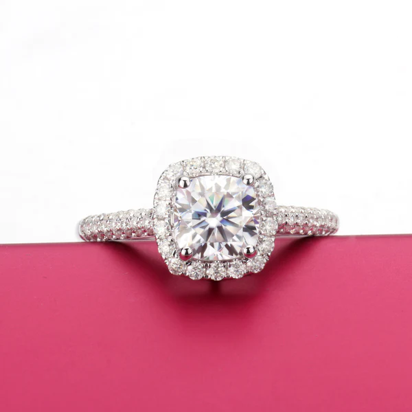 Cushion Moissanite Halo Diamond Engagement Ring, Sterling Silver Moissanite Diamond Wedding Ring For Bridal, 10K/14K Gold Anniversary Diamond Ring For Gift