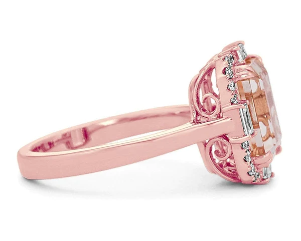 Unique Halo Morganite Engagement Ring Rose Gold Morganite Engagement Ring Emerald Cut Morganite Wedding Ring Morganite Bridal Promise Ring