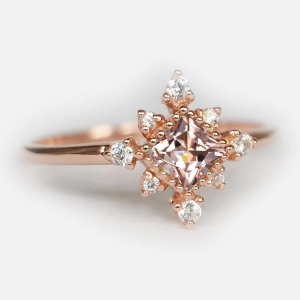 Natural Morganite & Diamond, Morganite Diamond Ring, 14k Morganite Ring, Princess Morganite Ring, Morganite Cluster Ring,Pink Morganite Ring