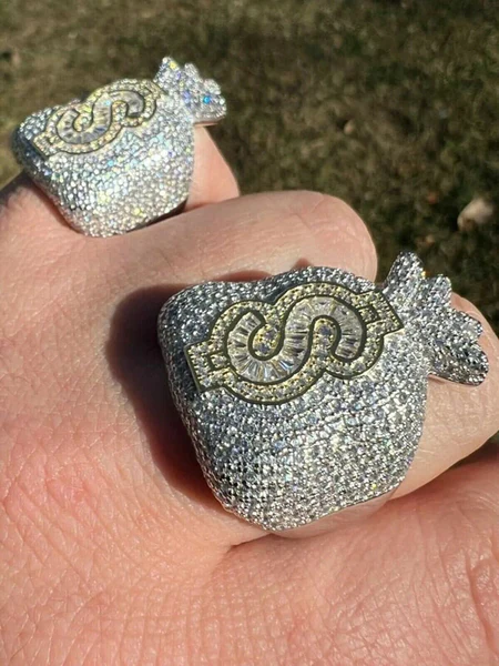 Baguette & Round Moissanite Diamond Customized Diamond Ring, Sterling Silver Money Bag Men Ring For Birthday Gift, Gold Plated Diamond Ring