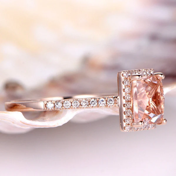 Princess Cut Morganite Engagement Ring Rose Gold Natural Diamond Halo Ring Diamond Band 14K Promise Ring Anniversary Ring