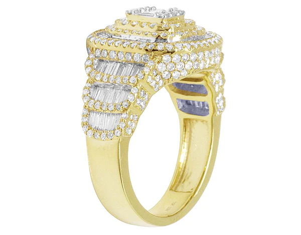 925 Sterling Silver Baguette Moissanite Diamond Men Ring, Fully Iced Gold Plated Men Pinky Ring, Round Moissanite Diamond Hip Hop Ring For Him