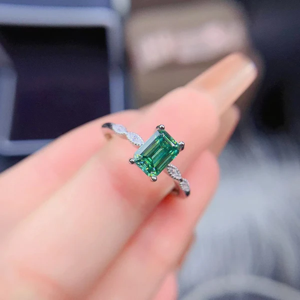 Dainty & Gorgeous Rectangle Emerald Cut Green Moissanite Ring 2ct D Color VVS , Sterling Silver Ring, Women's Ring Promise ring
