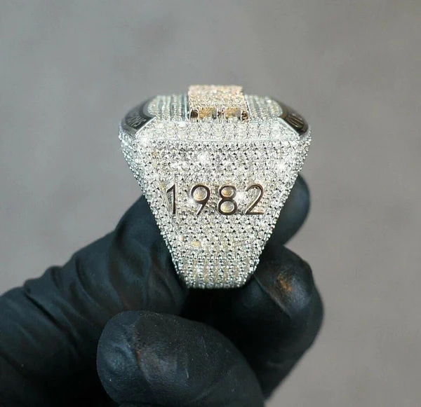 925 Sterling Silver Round Moissanite Diamond Champion Men Ring, Fully Iced Gold Plated Men Pinky Ring, Round Moissanite Diamond Hip Hop Ring For Him