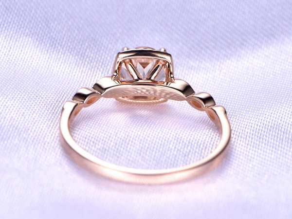 Natural Morganite Engagement Ring 14K Rose Gold 7mm Round Cut Morganite Jewelry Diamond Cushion Art Deco Wedding Band Morganite Birthstone