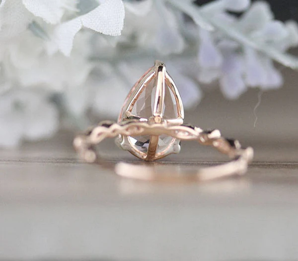 Engagement Ring, Morganite Pear Diamond Ring, Diamond Milgrain Band, Wedding Ring, 14k Rose Gold Morganite Ring, Handmade Ring