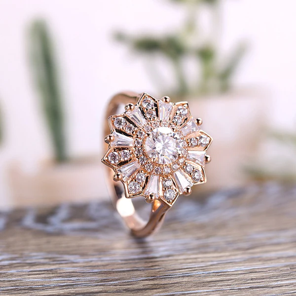 Moissanite Engagement Ring Round cut wedding ring art deco baguette cut ring solid rose gold ring anniversary ring