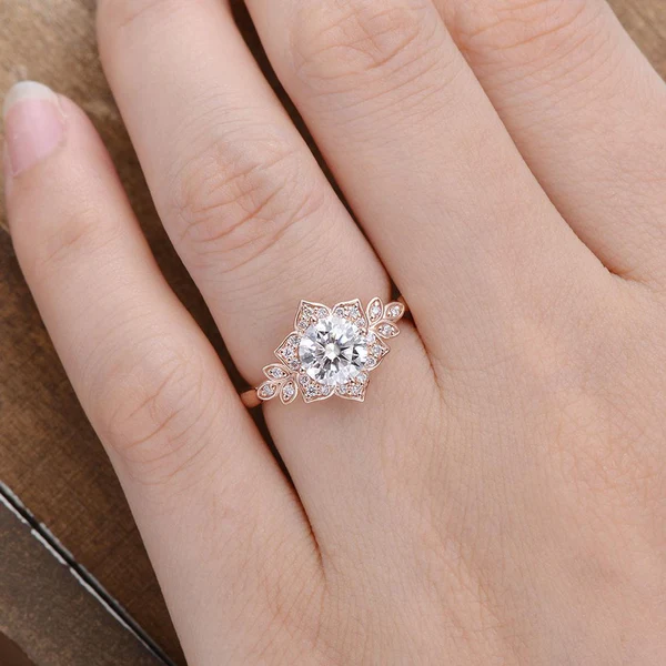 Round Moissanite Flower Floral Solitaire Diamond Engagement Ring, Moissanite Wedding Ring, Silver Moissanite Diamond Women Ring, Proposal Gold Ring For Her